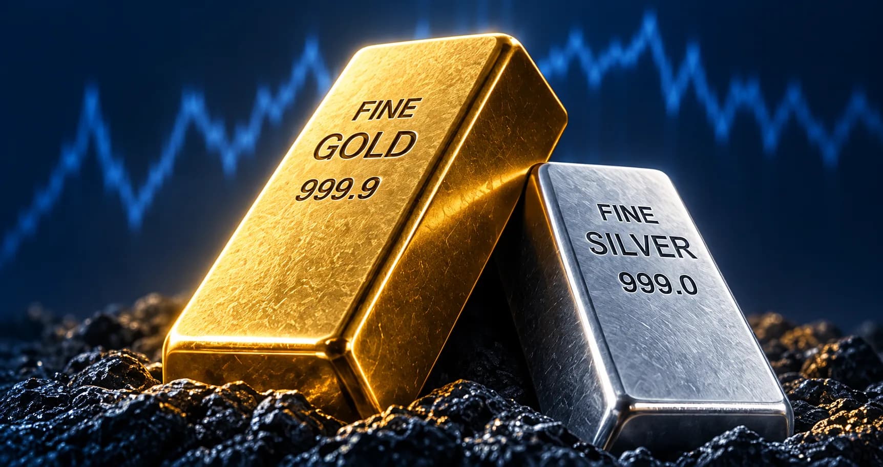 Gold and silver bullion bars on dark ore with a blue market chart
